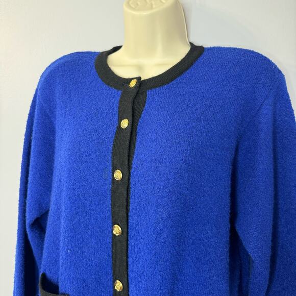 Talbots VGT 80's Wool Blend Royal Blue Black Gold Button Sweater Cardigan PM - Picture 6 of 10